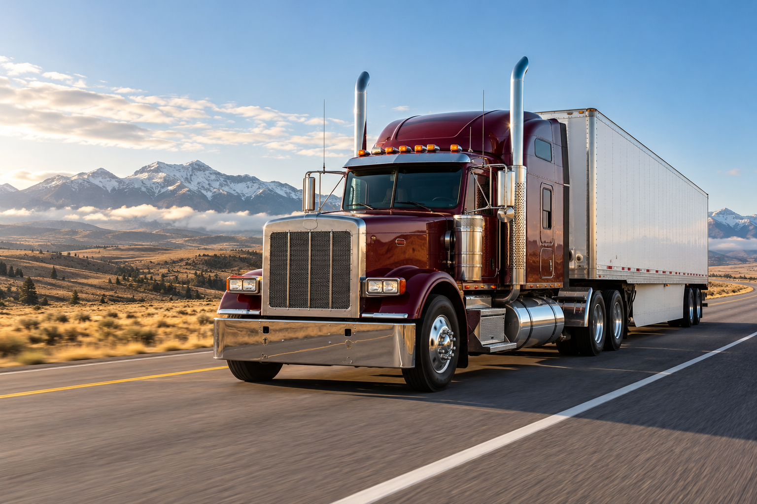 Unbranded burgundy semi truck and white trailer on a mountain highway